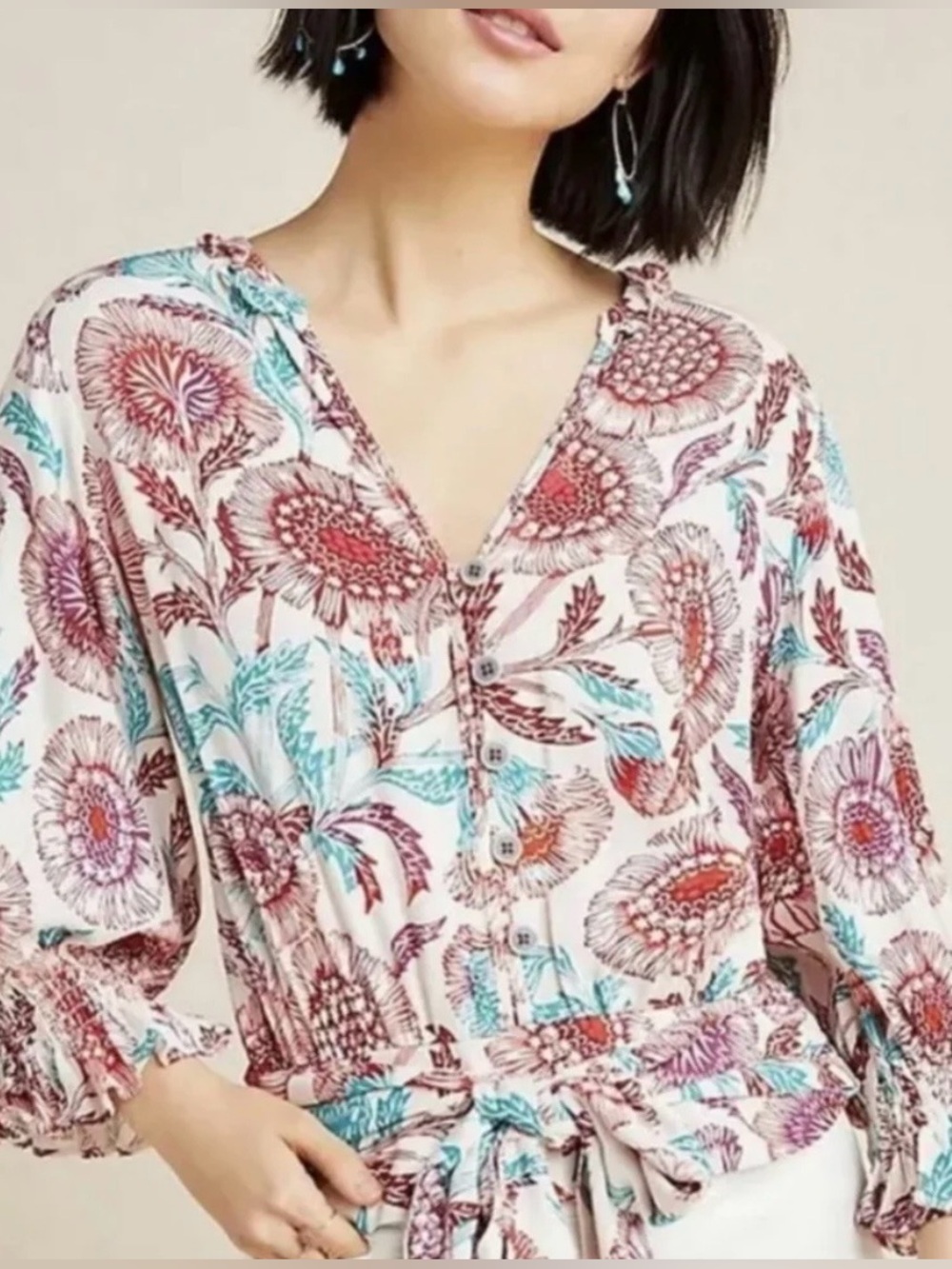 Anthropologie Tugboat Paisley Tie Waist Blouse S Multicolor V Neck Boho Top